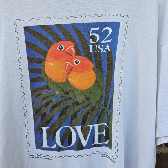 VTG 90s Love Birds Tropical Parrots US Postage Stamp White T-Shirt Retro - Picture 5 of 7